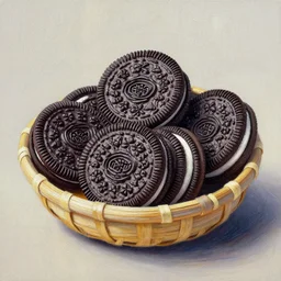 Oreo cookies in a basket, oil painting, detailed