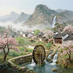 a gorgeous early spring landscape painting by barlowe wayne maxfield parrish and marco mazzoni!! early morning, chinese village. china waterwheel. the winding steps. waterfall from the mountain. ultra clear detailed. highly detailed, 3 d, octane render.