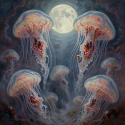concept art of giant translucent jellyfishes, lovecraftian, lots of teeth, melting horror, round moon, rich clouds, fighting the horrors of the unknown, high resolution, very detailed, roaring, volumetric light, mist, grim, fine art, decaying, textured oil over canvas, epic fantasy art, very colorful, ornate