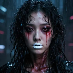 facial portrait of a korean horror android with dark smeared makeup, wet curly hair, red tears, white lipstick, a dark cyberpunk background, lens flare, rain, deep focus, d & d, intricate, elegant, highly detailed, photo, artstation, blade runner, 8 k, sharp focus, octane, unreal engine 5, global illumination, radiant