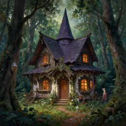 hyper realistic witch cottage rococo in the woods gorgeous lighting, highly detailed, lush forest painting by zdzisław beksinski and norman rockwell and greg rutkowskiweta studio, and lucasfilm