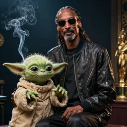 Snoop Dogg posing with Yoda smoking, photo realistic, movie