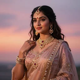 portrait photography of indian goddess of the dawn, beautiful woman, elegant, celebration costume, jewellery, highly detailed, hyper realistic, dramatic sky, dawn, pink, orange, pastel, deep gaze, pretty face, glowing, in the style of david lazar