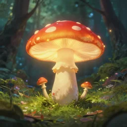 a glowing mushroom in a magical forest, painting by craig mullins, octane rendering, soft morning lighting, wide angle lens, in the style of hayao miyazaki, trending on artstation,