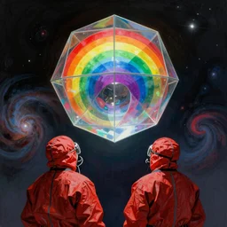 two scientists wearing red hazmat suits staring into a giant rainbow polyhedron hovering above a nebula sky by frank frazetta
