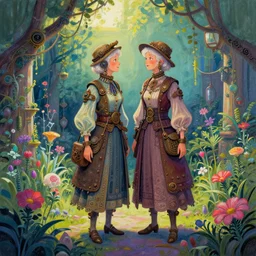 elderly lesbian couple in steampunk vaporwave courtyard garden. complementary colors, gouache, indie concept art, bloom, chiaroscuro, backlighting, intricate details.