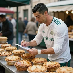 cristiano ronaldo sells pies on the market, drawing, social realism, 4k