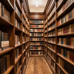 Interior view of an ancient library with mahogany wood shelves
