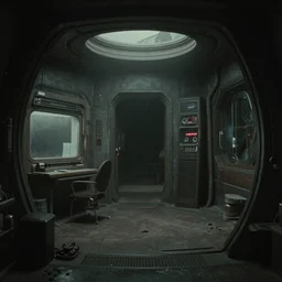 cassette futurism, cosmic horror, lonely interior, liminal space, ultra detailed sci - fi interior, bleak future, ultra high detail render, harsh lighting, atmospheric haze, film. illustration by edward hopper, norman rockwell. film still, 1 6 mm cinematography