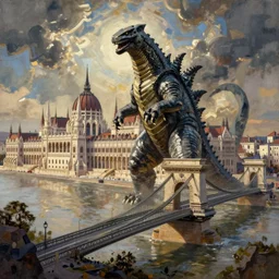 kaiju attack in budapest, chain bridge painting, greg rutkowski detailed, cinematic