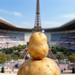 close up of a potato stuck on the top of the eiffel tower in paris. stadium in background. photographic, photography