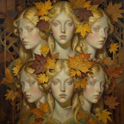breathtaking detailed concept art painting art deco pattern of blonde goddesses faces blend with autumn leaves, by hsiao - ron cheng, bizarre compositions, exquisite detail, extremely moody lighting, 8 k