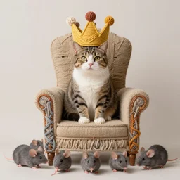 A cat sitting on a throne, wearing a crown that is made out of yarn with a group of mice bowing down to the throne