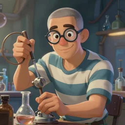 An epic fantasy comic book style portrait painting of a charming and friendly !young man in a laboratory, very expressive, buzz cut gray hair,  !!NO GLASSES, round face, wearing a shirt with horizontal stripes, handling laboratory equipment, character design by Mark Ryden and Pixar and Hayao Miyazaki, unreal 5, DAZ, hyperrealistic, octane render, cosplay, RPG portrait, dynamic lighting, intricate detail, summer vibrancy, cinematic