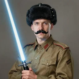 portrait photo of russian man in khaki military tunic wearing black hight wool hat with black moustache and shaved chin, holding a lightsaber, no beard, handsome, highly detailed, digital painting, artstation, concept art, smooth, sharp focus, illustration, art by gaston bussiere and alphonse mucha