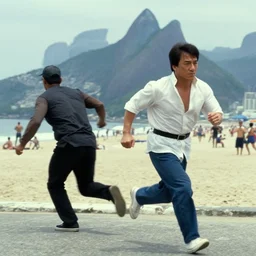 a film still of jackie chan getting robbed in rio de janeiro running after the thief