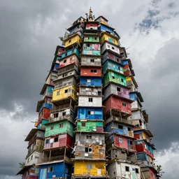 close - up view of a giant tower made up of colourful makeshift squatter shacks, bleached colours, moody cloudy sky, dystopia, mamiya rb 6 7, very detailed, photographed by bruno barbey and brett whitely