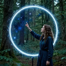 woman touches a portal to the stars in the forest, mikko lagerstedt