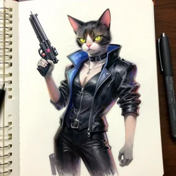 cyberpunk cat in suit sketch holding weapon