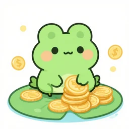 a cute green cartoon frog who is counting his giant heavy gold coins on his lily pad, the frog is not noticing he is sinking, kawaii chibi drawing, white background
