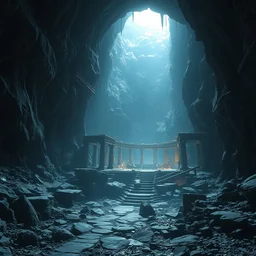 a mysterious cave with ancient ruins, extreme long shot, screenshot from darksouls 3, stunning lighting, epic,