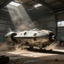 concept art of an old spaceship collecting dust in an abandoned warehouse