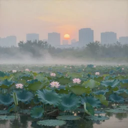 impressionism painting of a pond of lotus on a foggy morning, sun low on horizon through skyscrapers, soft light, misty, hyper detailed
