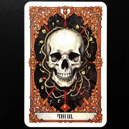 tarot card of human skull wrapped in vines + black paper + elements + red + gold + neon + baroque + rococo + white + orange + ink + tarot card with ornate border frame + marc simonetti, paul pope, peter mohrbacher, detailed, intricate ink illustration