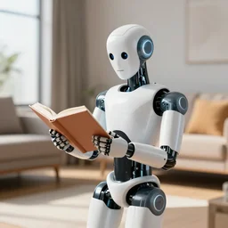 a humanoid robot reading a book in a sunny living room