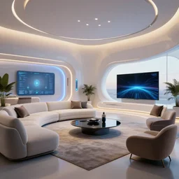 the futuristic american living room in the year 2 0 5 0
