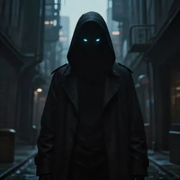 futuristic evil city at dusk. figure is obscured by darkness with two bright, shining eyes peering out from the shadows of an alley. cgartist