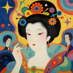 a colorful vibrant closeup portrait of a queen dreaming psychedelic hallucinations, by kawase hasui, moebius, edward hopper and james gilleard, zdzislaw beksinski, steven outram colorful flat surreal design, hd, 8 k, artstation