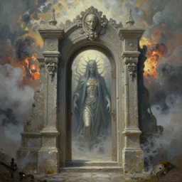ornate door of stone , illustration, ominous , catarthic, god, mist, nuclear explosion background, volumetric lighting, soft lighting, soft details, painting oil on canvas by artgerm and jihun lee , octane render, HDR, trending on artstation, 4k, 8k, HD