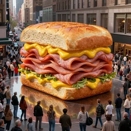 a photograph of a giant ham and mustard sandwich sculpture in the center of a new york street, a large crowd have gathered, by Claes Oldenburg and jeff koons, reflections, pop art, 3D render, Volumetric dynamic lighting, Highly Detailed, Cinematic Lighting, Unreal Engine, 8k, HD
