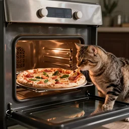 studio photograph, a cat taking a pizza out of an oven