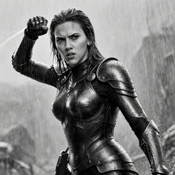we faced angry scarlett johansson, wearing rain soaked armour in the pouring rain, incredibly fine detailed portrait, battle angel alita, black and white, dynamic angle, pencil and ink manga, elegant, full body profile, highly detailed, dramatic lighting, depths of field effect, vfx, 3 d octane render, gothic castle in background