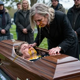hyper - detailed photo of a grieving widow bent over her husband's coffin with viscous yellow jelly pouring out of her eyes nose and face pooling in the casket and horrifying onlookers in the cemetery wayne d barlowe