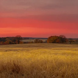 a dry flat land of pastures and farms! with yellow!!! and brown!!! grass, autumn!!!, sunset, red colors, medieval era, by asher brown durand and chesley bonestell