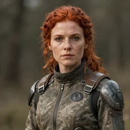 a rustic woman wearing futuristic jumpsuit, detailed face, redhead, by greg rutkowski, mandy jurgens