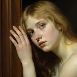 girl in thought by auguste toulmouche and bouguereau, perfect detailed eyes, beautiful hands, pale skin, blonde hair, leaning on door
