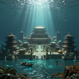 A ultra-realistic photo  of an ancient underwater Chinese city at the bottom of the lake, rays of light illuminating from the top, highly detailed, smooth, sharp focus, cinema4D, Houdini, 4K, Blender