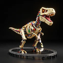 Simple funny mechanic bionic lego dinosaur skeleton dissection sculpture made from rollercoaster, with colorfull jellybeans organs, cables, wires and tubes, by david lachapelle, by angus mckie, by rhads, in a dark empty black studio hollow, c4d, at night, rimlight, rimight, rimlight