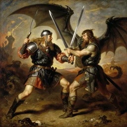 viking berserker with a two - meter two - handed sword fighting a dragon, painting by gaston bussiere, craig mullins, j. c. leyendecker