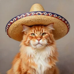 beautiful oil painting of an orange maine - coon with a white beard. wearing a wide - brimmed straw sombrero sombrero