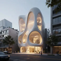 A beautiful architectural rendering of a modern trypophobic house with a mysterious glow emitting from inside in a modern city street, by octane render and corona render