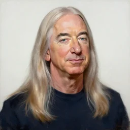 painting of Jeff Bezos with very very very long hair hair on his head