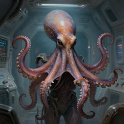 close portrait of a creepy scary octopus alien in space ship quarters, 1 9 6 0 s, diffuse lighting, fantasy, intricate, elegant, highly detailed, lifelike, digital painting, cinestill 8 0 0 t 2 0 0 mm, concept art, frank frazetta, marco bucci, loish, rossdraws, artgerm