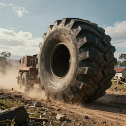 A huge truck tire monster is rolling down the village destroying everything on its way. Dramatic, cinematic shot