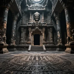 large evil underground ruined temple, highly detailed carvings of weird symbols on the floor, dark dramatic atmosphere, highly detailed, ultra - realistic, tomb raider, unreal engine, cinematic, 4 k