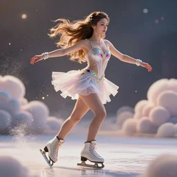 a beautiful female goddess of skating character, character is in all its glory, character is in her natural relaxed pose, rim lights, particles and dust in the air, fancy clouds, highly detailed professional photo, dynamic lights, particles are flying, depth of field, trending on artstation, illustration, hyper realistic, vray caustics, super detailed, colorful accents, cinematic shot